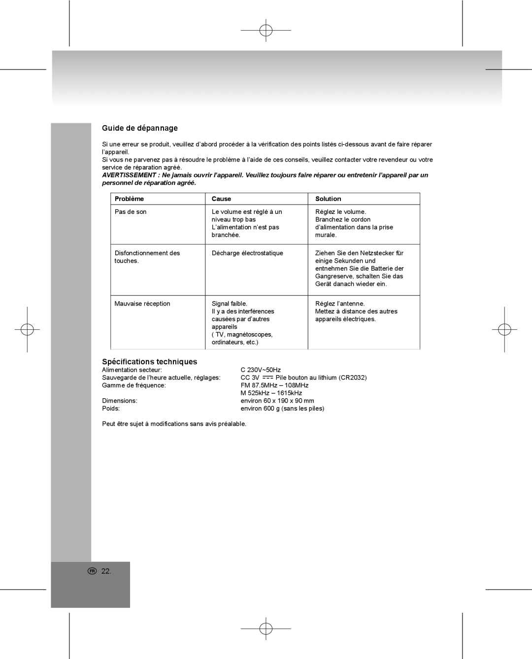 Elta 4224 manual Guide de dépannage, Spécifications techniques, Problème Cause 