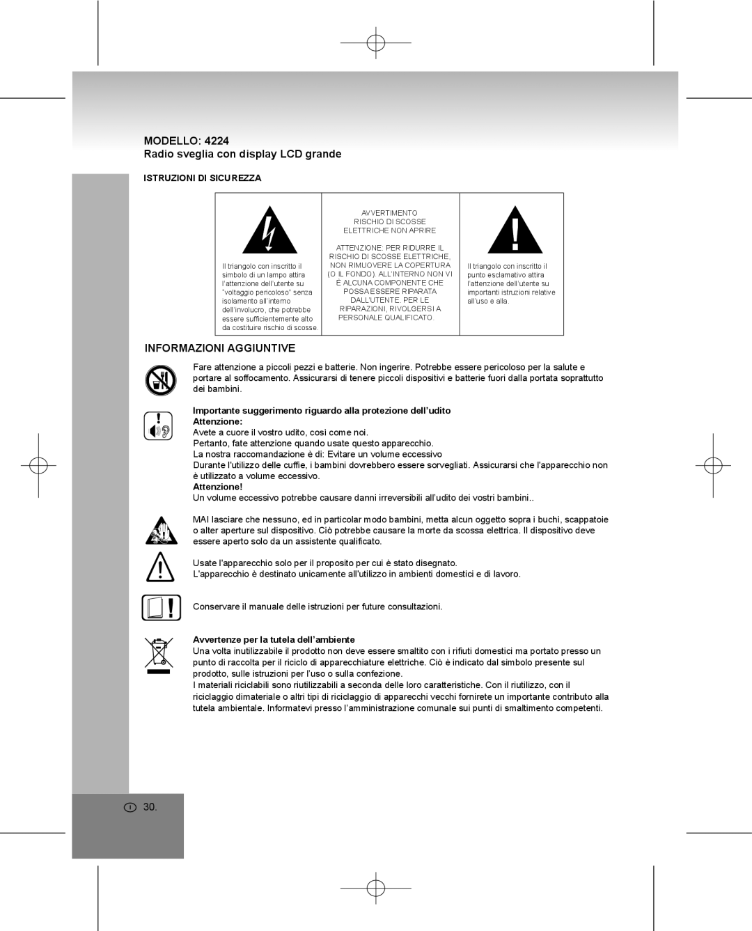 Elta 4224 manual Modello, Radio sveglia con display LCD grande, Informazioni Aggiuntive, Istruzioni DI Sicurezza 