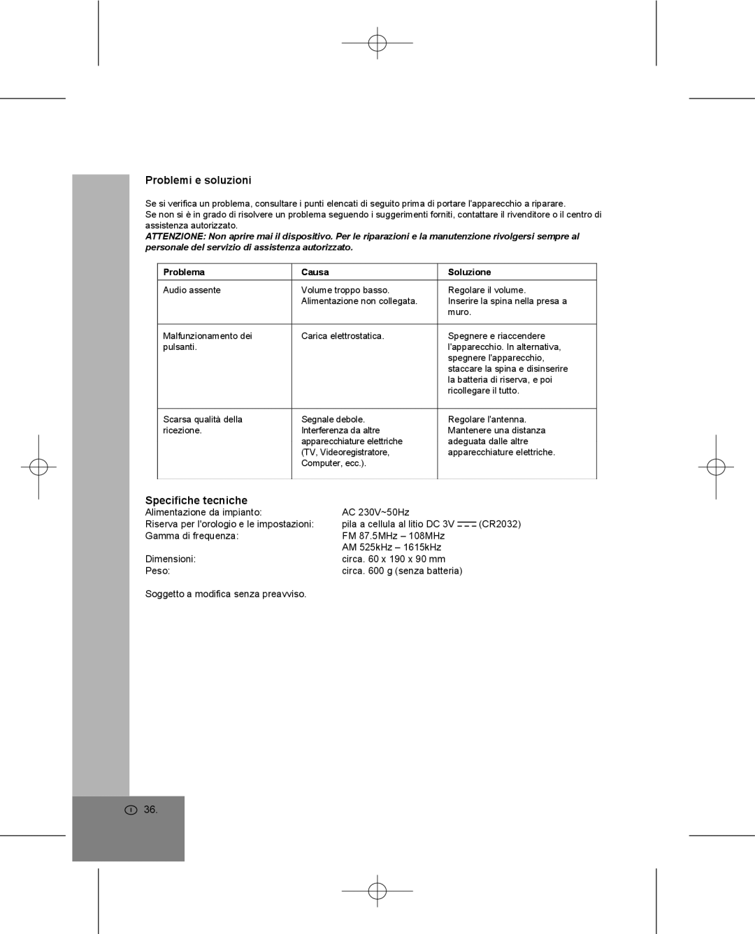 Elta 4224 manual Problemi e soluzioni, Specifiche tecniche, Problema Causa Soluzione 