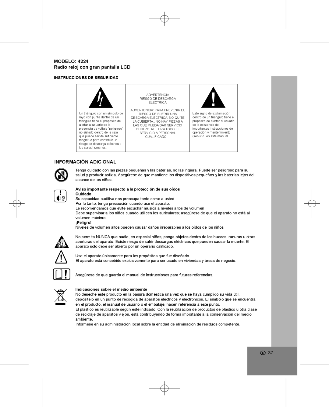 Elta 4224 manual Modelo Radio reloj con gran pantalla LCD, Información Adicional, Instrucciones DE Seguridad, ¡Peligro 