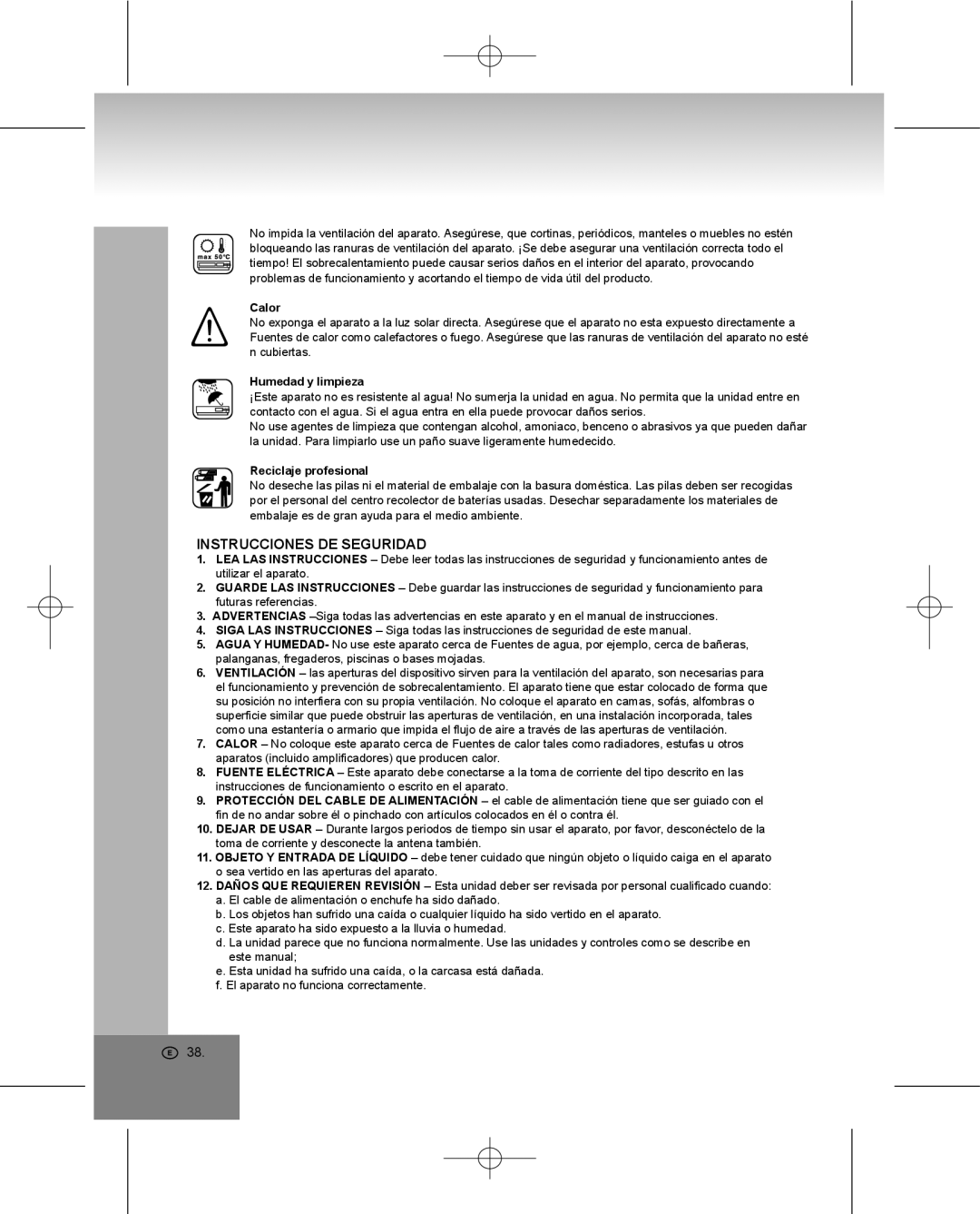 Elta 4224 manual Instrucciones DE Seguridad, Calor, Humedad y limpieza, Reciclaje profesional 