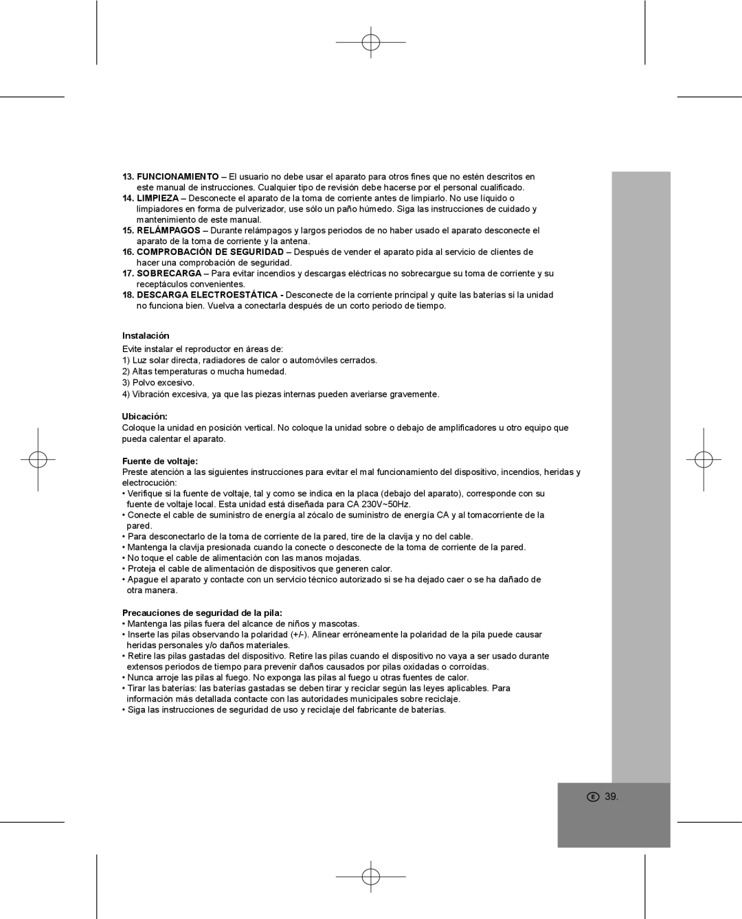 Elta 4224 manual Instalación, Ubicación, Fuente de voltaje, Precauciones de seguridad de la pila 