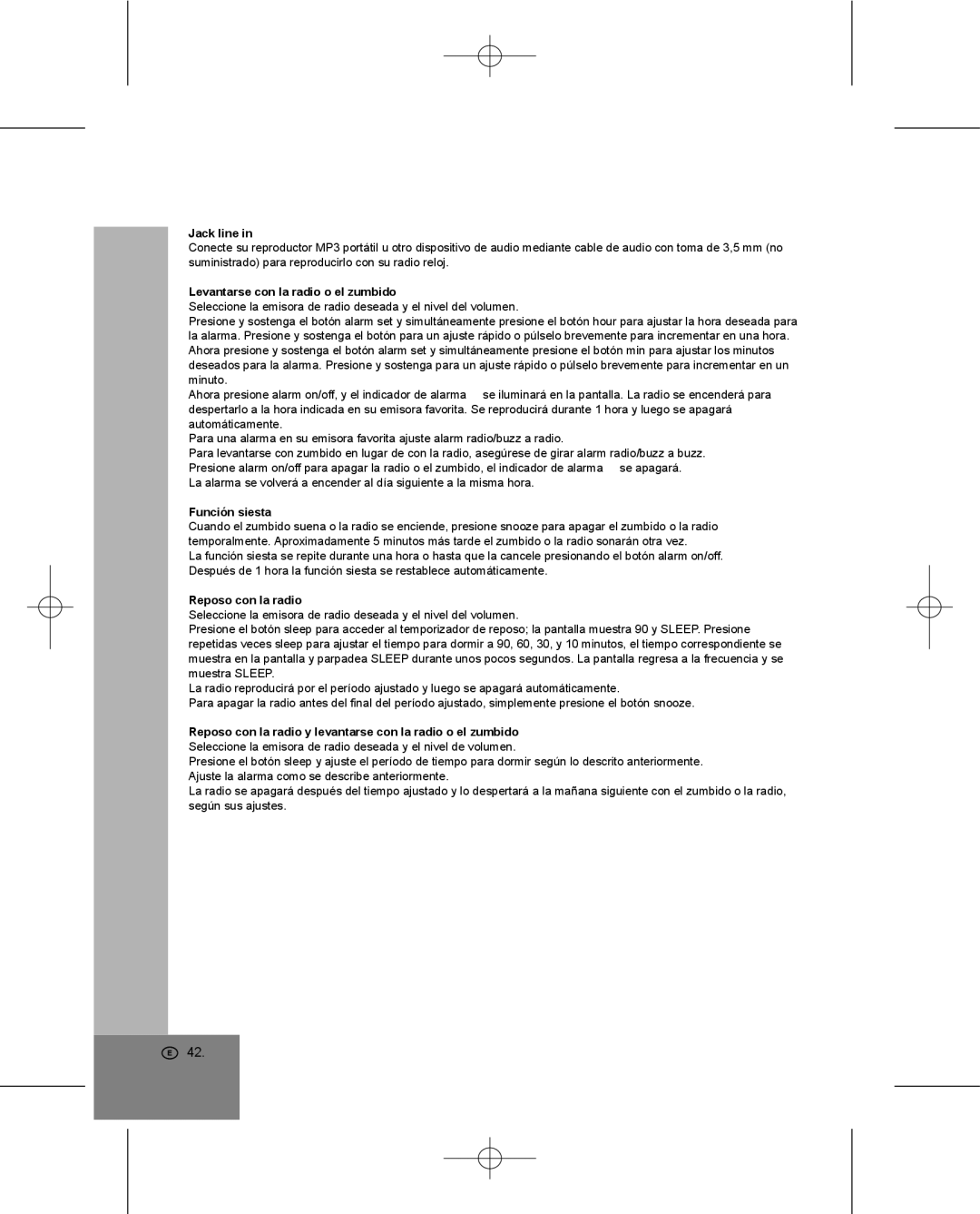Elta 4224 manual Jack line, Levantarse con la radio o el zumbido, Función siesta, Reposo con la radio 