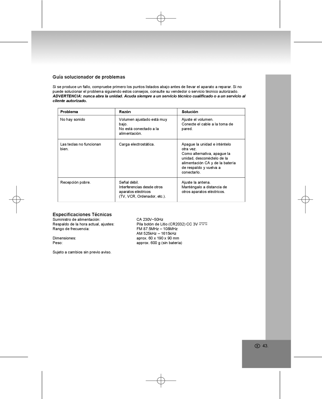 Elta 4224 manual Guía solucionador de problemas, Especificaciones Técnicas, Problema Razón Solución 