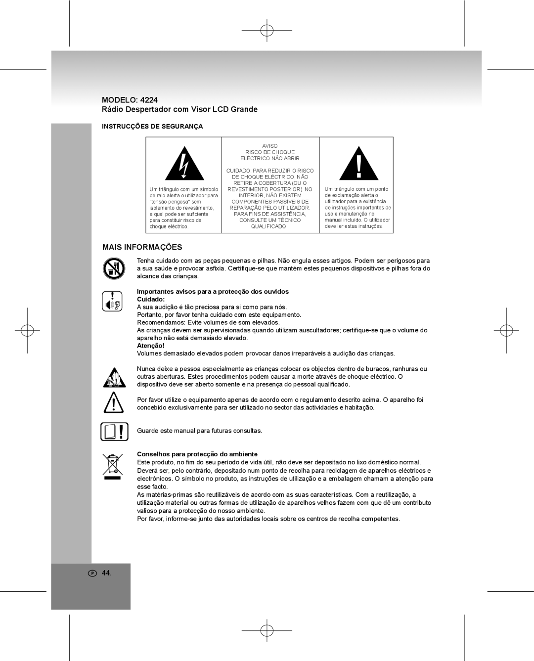 Elta 4224 manual Modelo Rádio Despertador com Visor LCD Grande, Mais Informações, Instrucções DE Segurança 