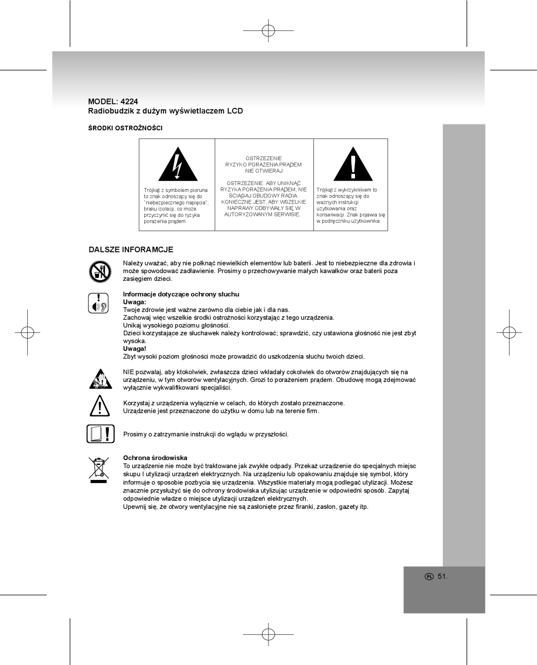 Elta 4224 manual Model Radiobudzik z dużym wyświetlaczem LCD, Dalsze Inforamcje, Środki Ostrożności, Ochrona środowiska 