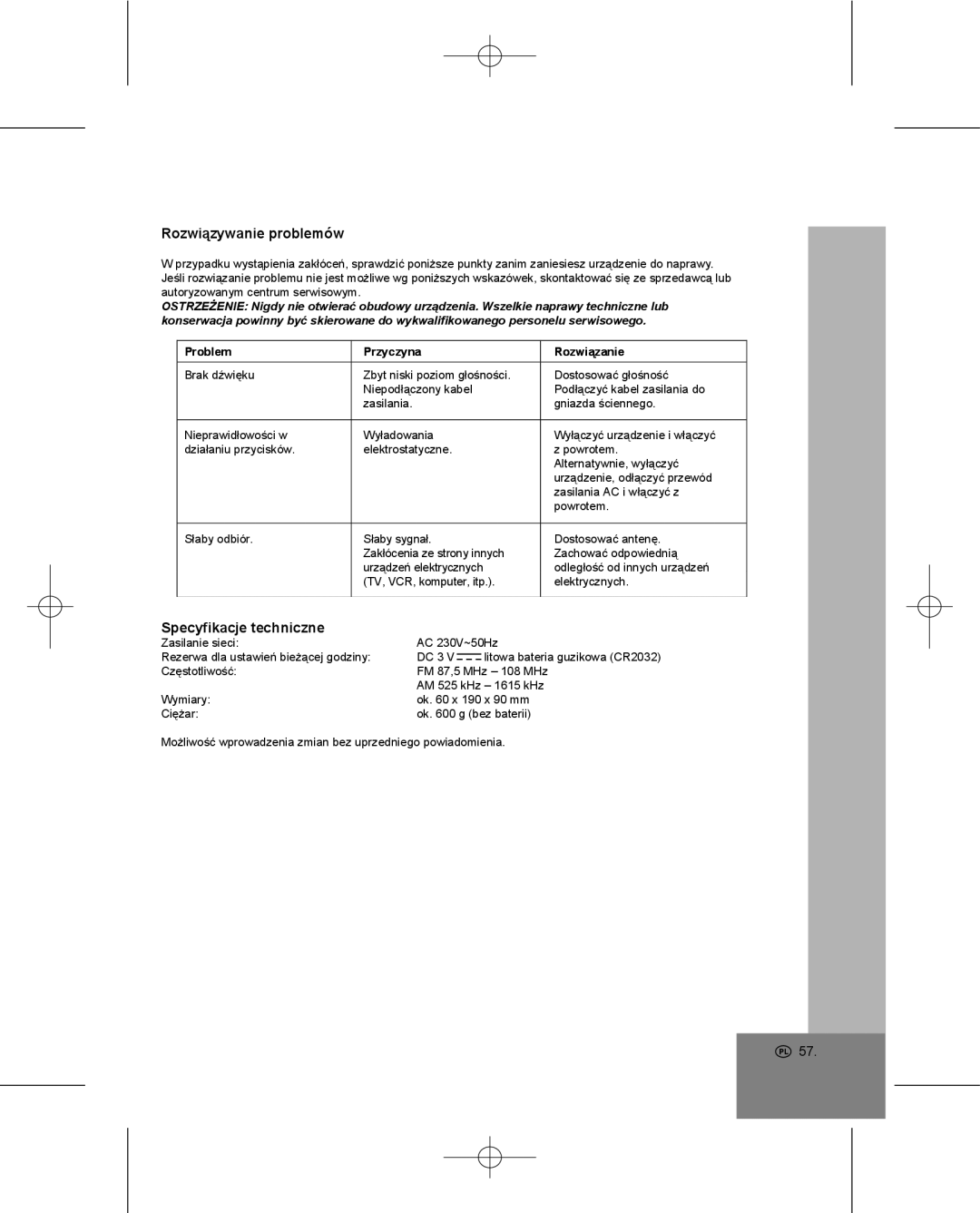 Elta 4224 manual Rozwiązywanie problemów, Specyfikacje techniczne, Problem Przyczyna Rozwiązanie 