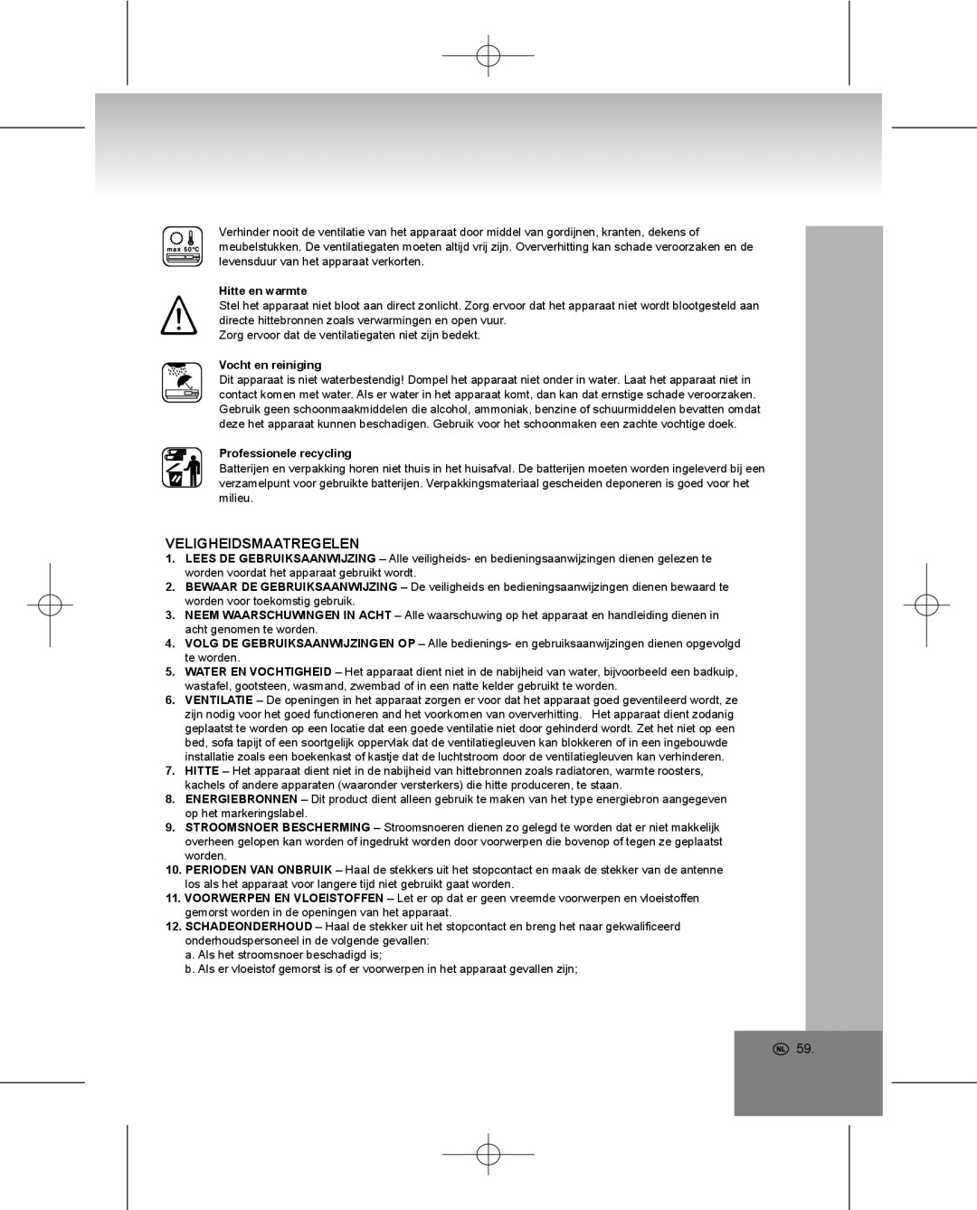 Elta 4224 manual Veligheidsmaatregelen, Hitte en warmte, Vocht en reiniging, Professionele recycling 