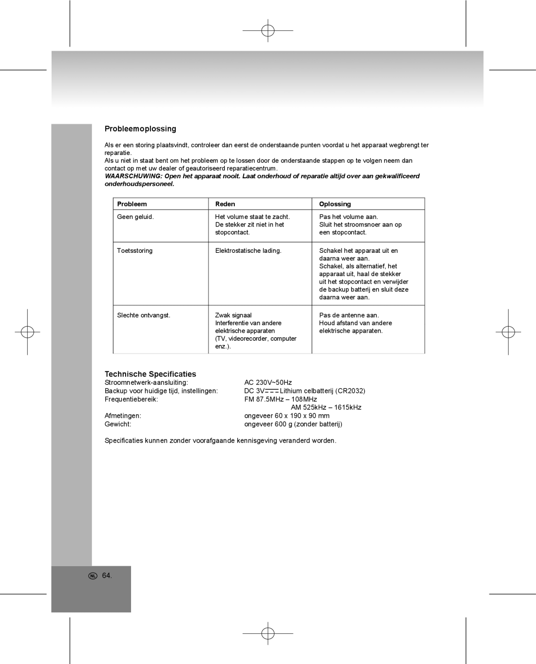 Elta 4224 manual Probleemoplossing, Technische Specificaties, Probleem Reden, Oplossing 