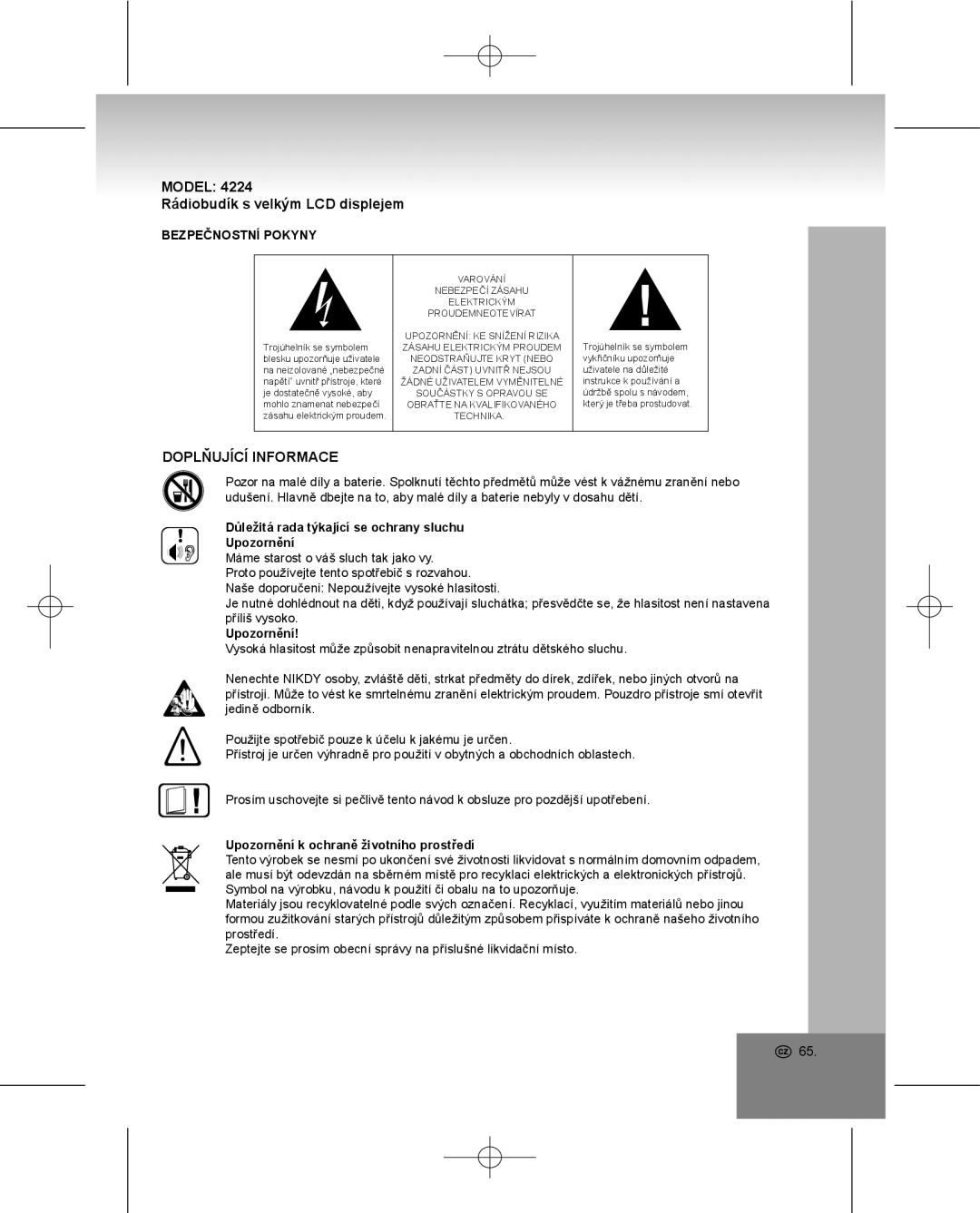 Elta 4224 manual Model Rádiobudík s velkým LCD displejem, Doplňující Informace, Bezpečnostní Pokyny 