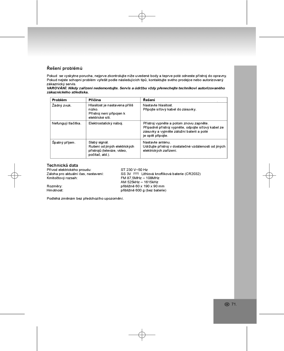 Elta 4224 manual Řešení problémů, Technická data, Problém Příčina Řešení 