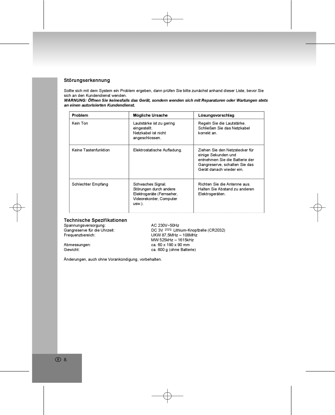 Elta 4224 manual Störungserkennung, Technische Spezifikationen, Problem Mögliche Ursache Lösungsvorschlag 