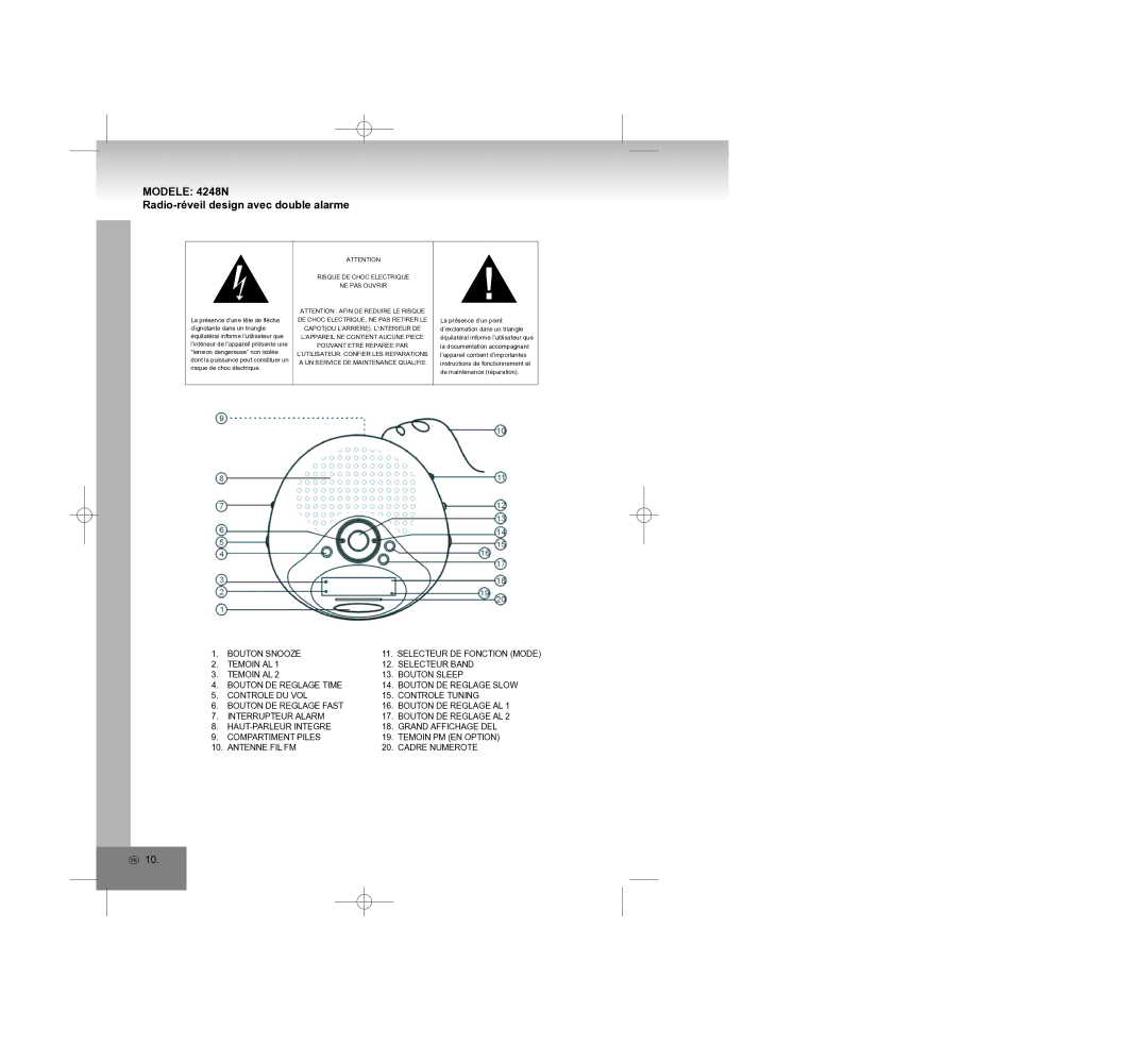 Elta 4248N manual Radio-réveil design avec double alarme, Risque DE Choc Electrique NE PAS Ouvrir 