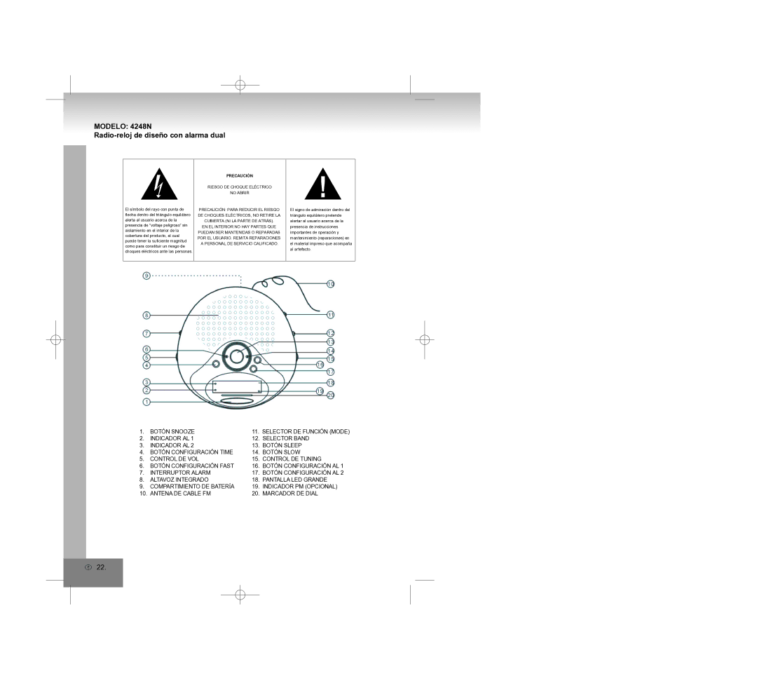 Elta 4248N manual Radio-reloj de diseño con alarma dual, Riesgo DE Choque Eléctrico No Abrir 