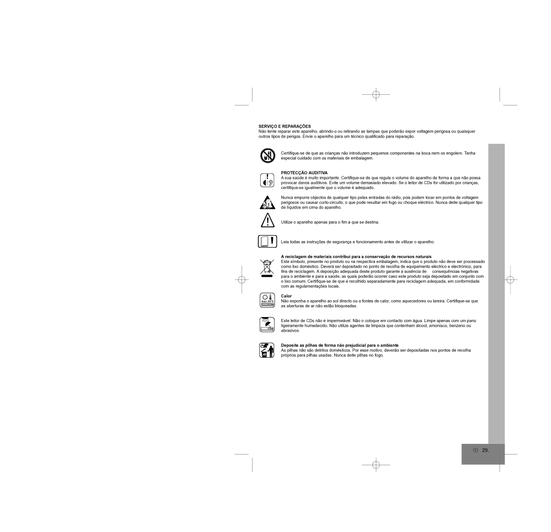 Elta 4248N manual Serviço E Reparações, Protecção Auditiva, Deposite as pilhas de forma não prejudicial para o ambiente 