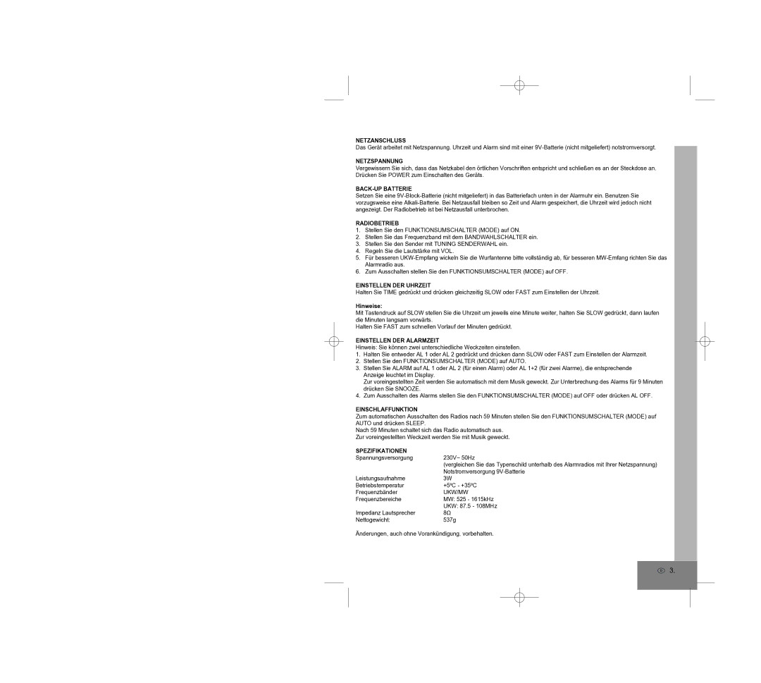 Elta 4248N Netzanschluss, Netzspannung, BACK-UP Batterie, Radiobetrieb, Einstellen DER Uhrzeit, Einstellen DER Alarmzeit 