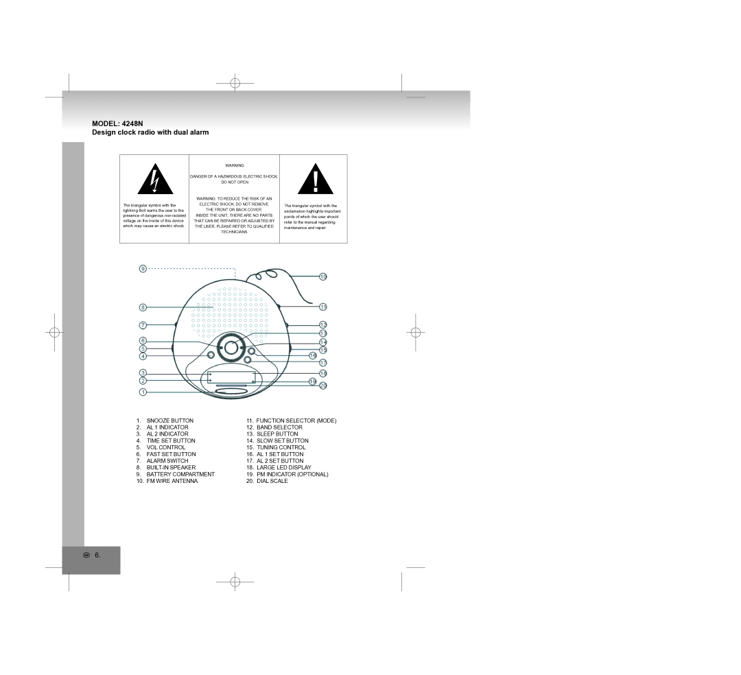 Elta manual Model 4248N Design clock radio with dual alarm, Do not Open 