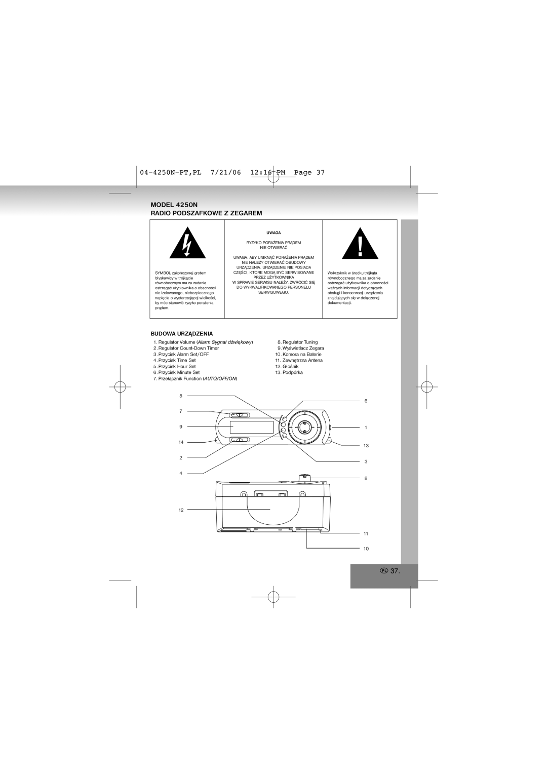 Elta manual Model 4250N Radio Podszafkowe Z Zegarem, Budowa Urządzenia 