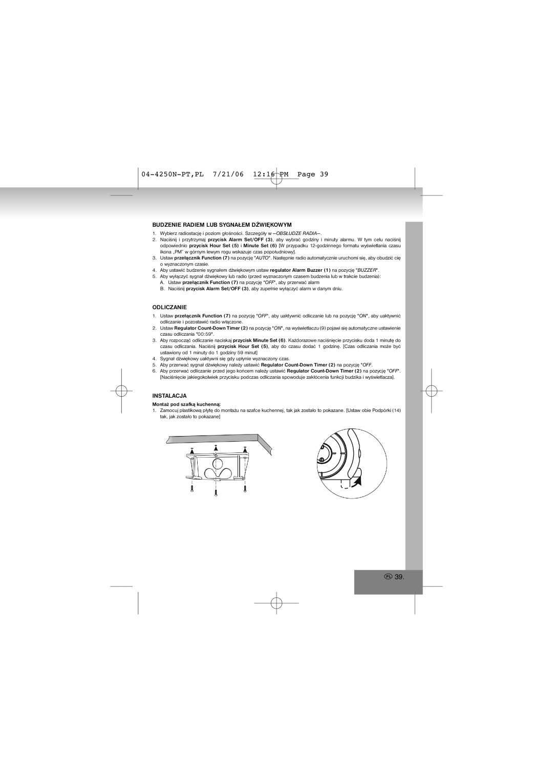 Elta 4250N manual Budzenie Radiem LUB Sygnałem Dźwiękowym, Odliczanie, Instalacja 