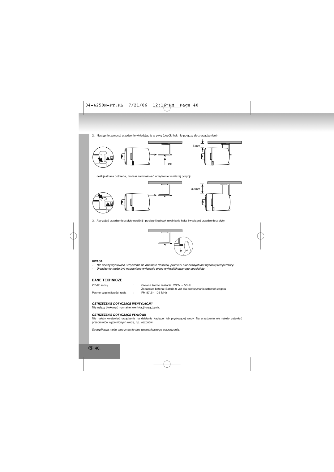 Elta 4250N manual Dane Technicze, Ostrzeżenie Dotyczące Wentylacji, Ostrzeżenie Dotyczące Płynów 