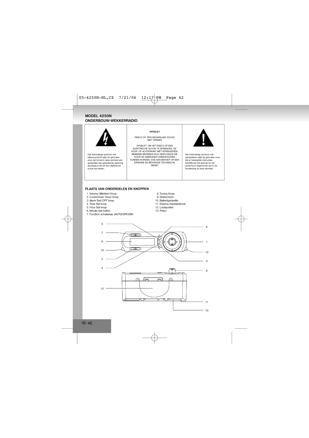 Elta manual 05-4250N-NL,CZ 7/21/06 1217 PM, Model 4250N ONDERBOUW-WEKKERRADIO, Plaats VAN Onderdelen EN Knoppen 
