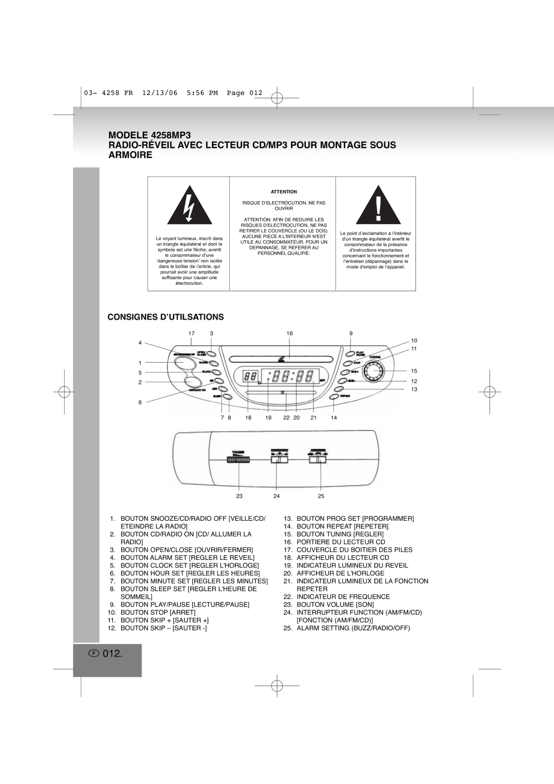 Elta 4258MP3 manual 012, Consignes D’UTILSATIONS 