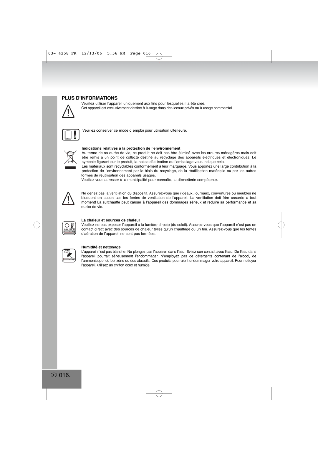 Elta 4258MP3 manual 016, Indications relatives à la protection de l’environnement, La chaleur et sources de chaleur 