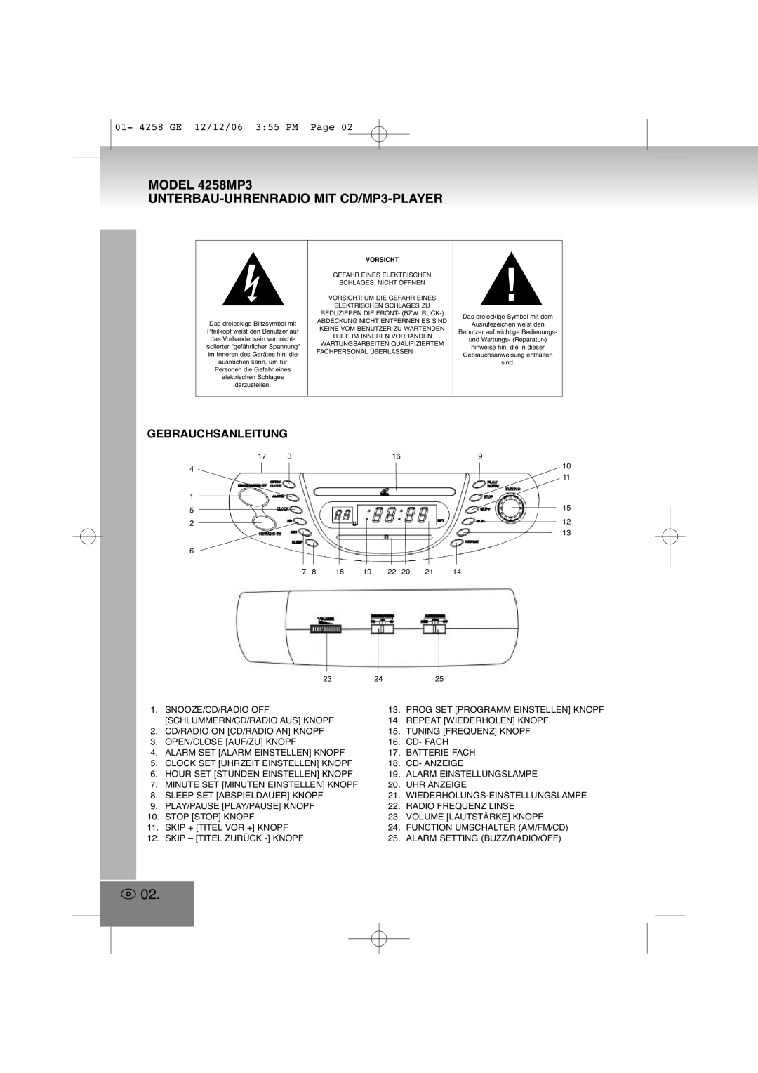 Elta manual Model 4258MP3 UNTERBAU-UHRENRADIO MIT CD/MP3-PLAYER, Gebrauchsanleitung 