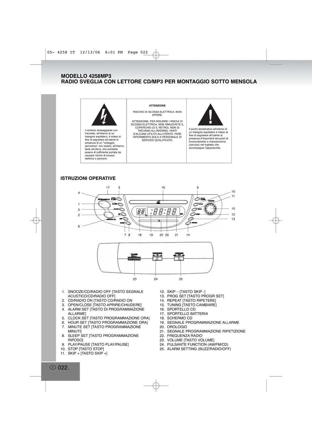 Elta 4258MP3 manual 022, Istruzioni Operative 