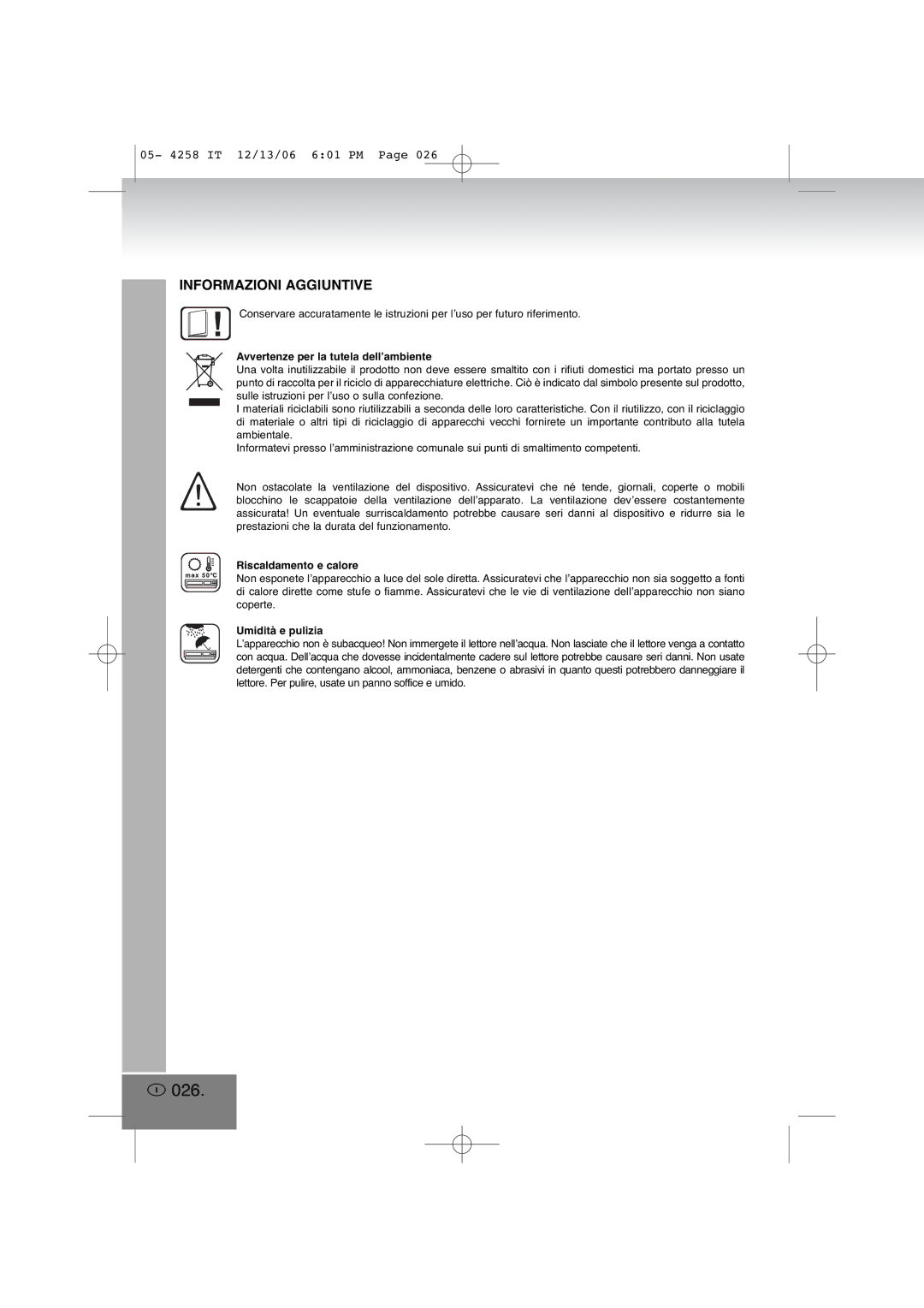 Elta 4258MP3 manual 026, Avvertenze per la tutela dell’ambiente, Riscaldamento e calore, Umidità e pulizia 