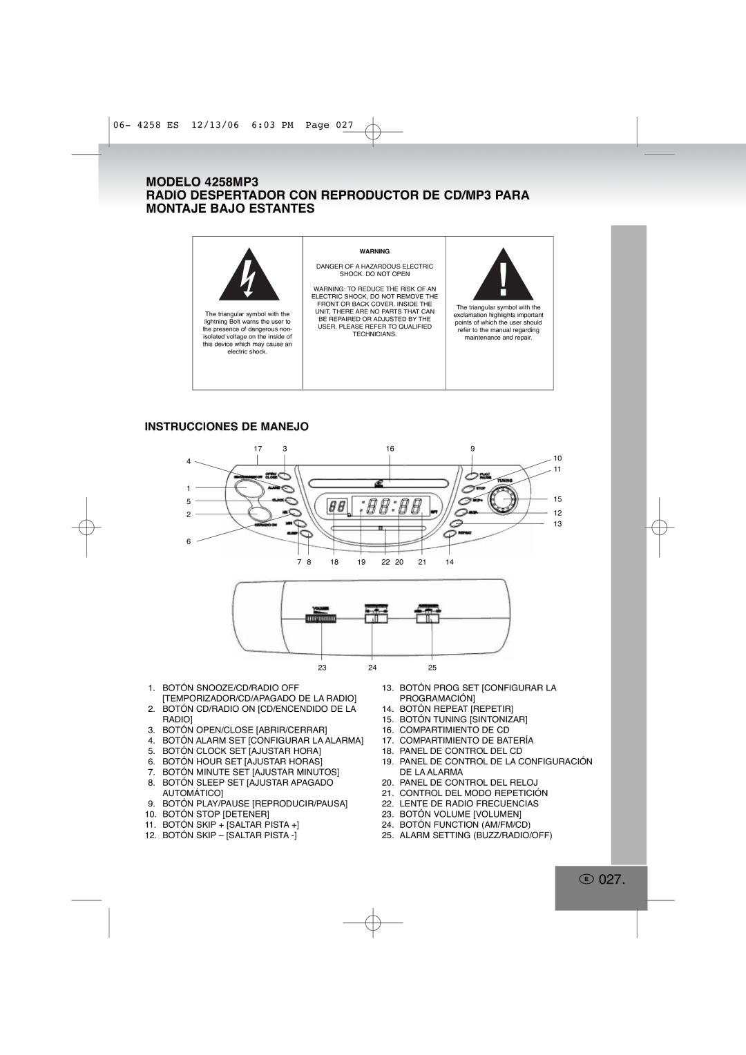 Elta 4258MP3 manual 027, Instrucciones DE Manejo 