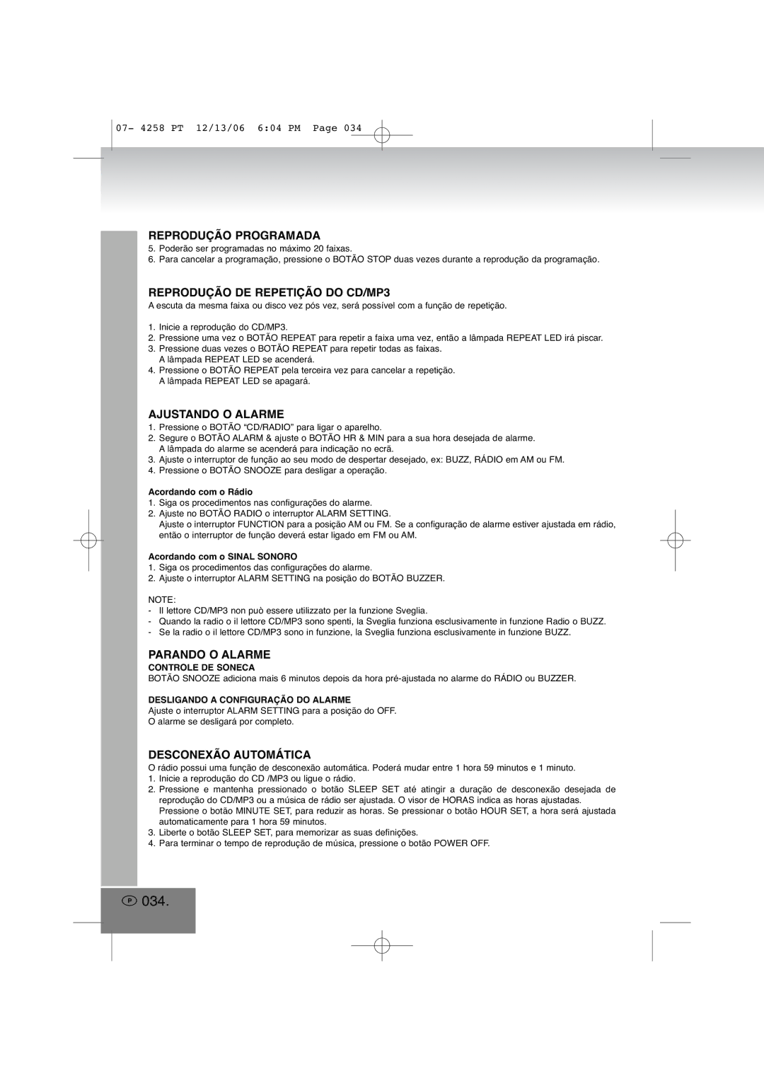 Elta 4258MP3 manual 034, Reprodução DE Repetição do CD/MP3, Ajustando O Alarme, Parando O Alarme, Desconexão Automática 