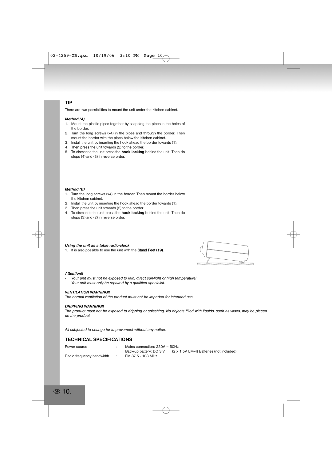 Elta 4259 manual Tip, Technical Specifications, Ventilation Warning, Dripping Warning 