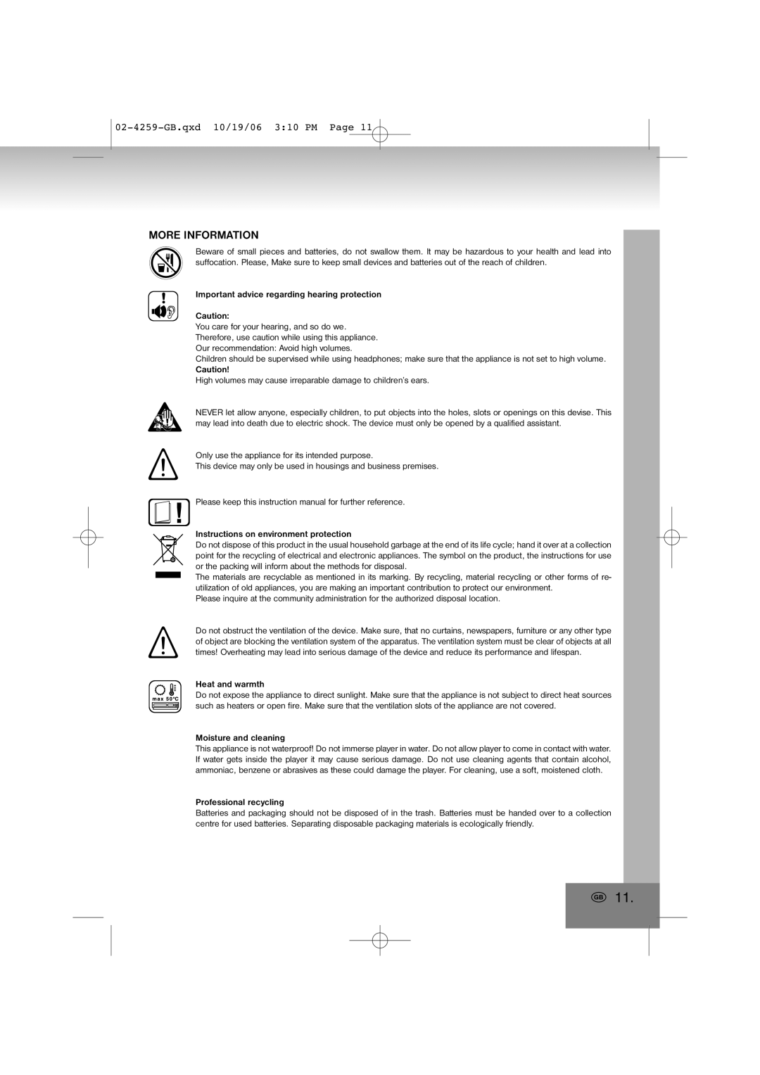 Elta 4259 manual More Information, Heat and warmth, Moisture and cleaning 