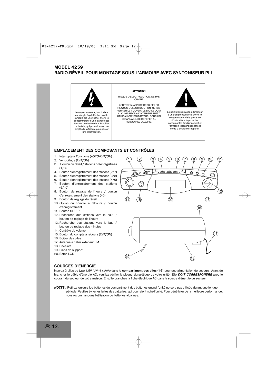 Elta 4259 manual Emplacement DES Composants ET Contrôles, Sources D’ENERGIE 