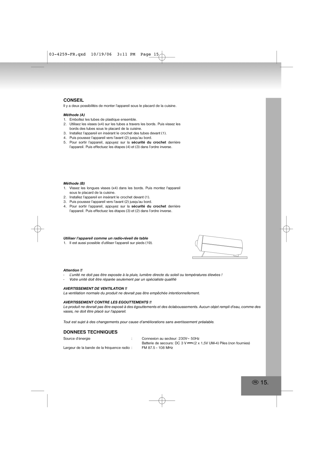 Elta 4259 manual Conseil, Donnees Techniques, Avertissement DE Ventilation, Avertissement Contre LES Egouttements 