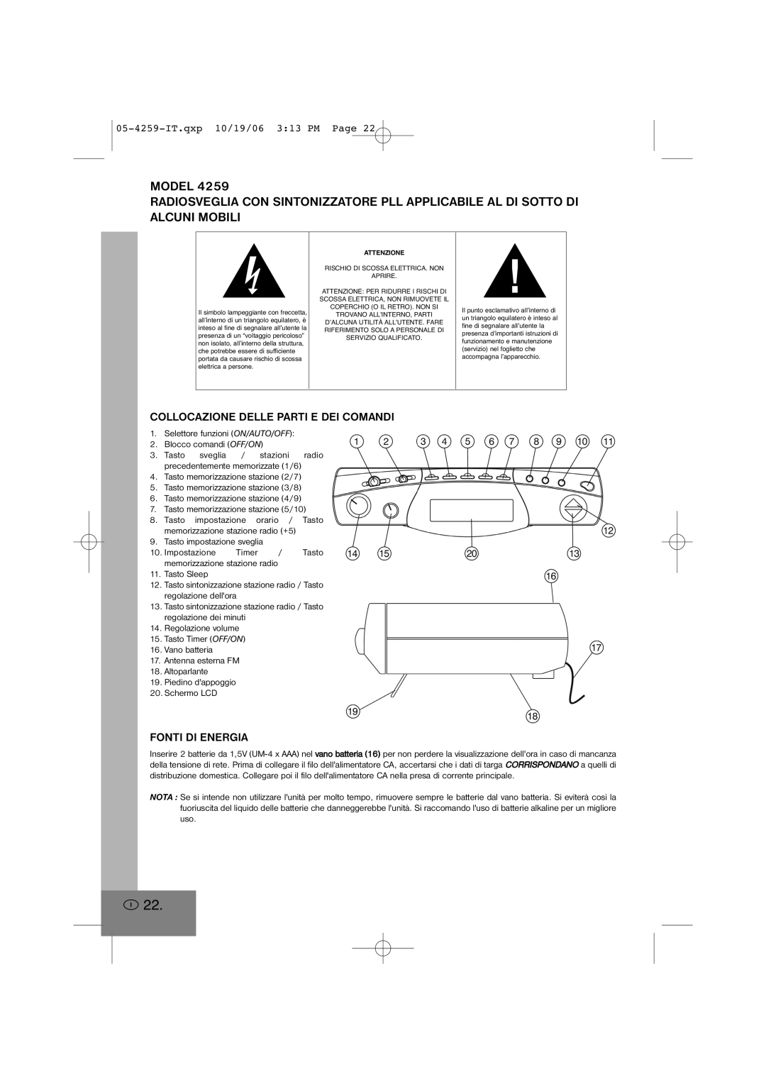 Elta 4259 manual Collocazione Delle Parti E DEI Comandi, Fonti DI Energia 