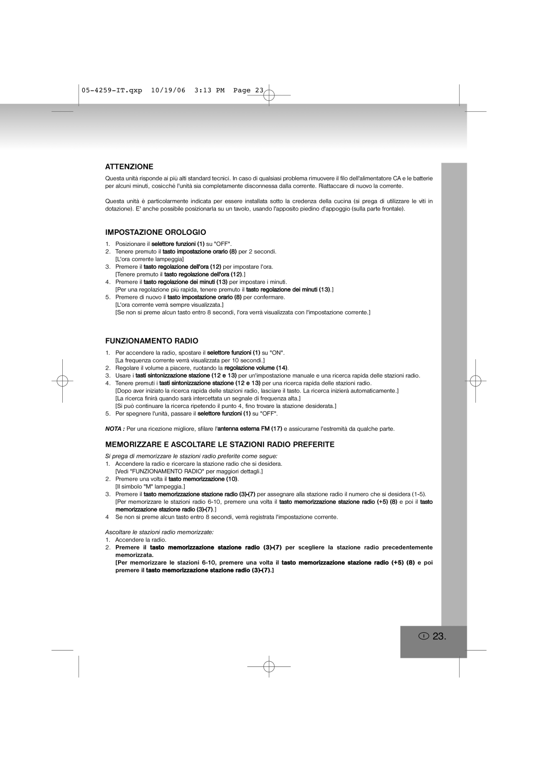 Elta 4259 Attenzione, Impostazione Orologio, Funzionamento Radio, Memorizzare E Ascoltare LE Stazioni Radio Preferite 