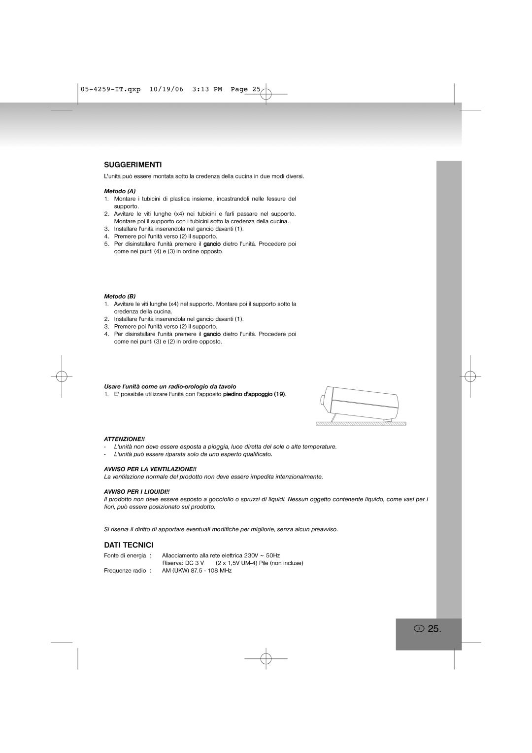 Elta 4259 manual Suggerimenti, Dati Tecnici, Attenzione, Avviso PER LA Ventilazione, Avviso PER I Liquidi 