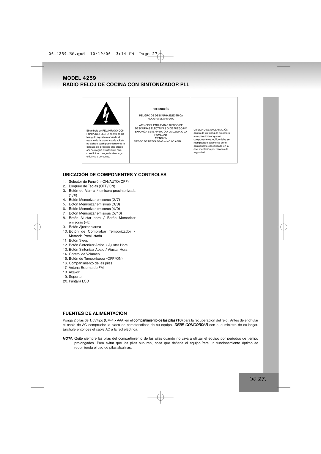 Elta 4259 manual Radio Reloj DE Cocina CON Sintonizador PLL, Ubicación DE Componentes Y Controles, Fuentes DE Alimentación 