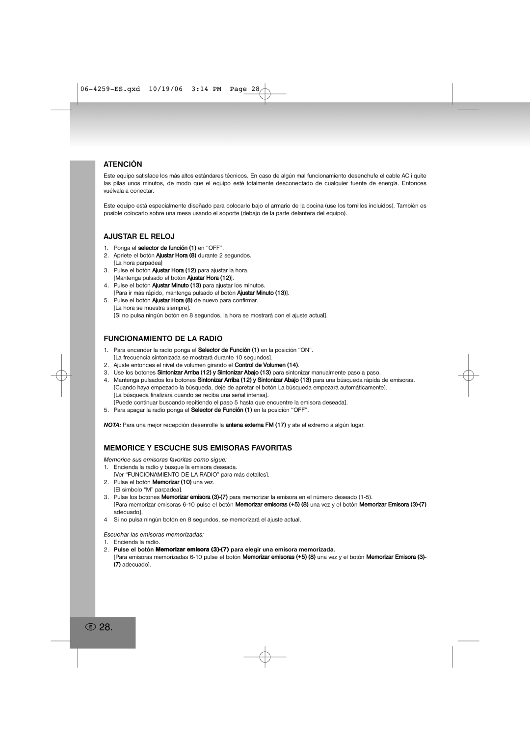 Elta 4259 manual Atención, Ajustar EL Reloj, Funcionamiento DE LA Radio, Memorice Y Escuche SUS Emisoras Favoritas 