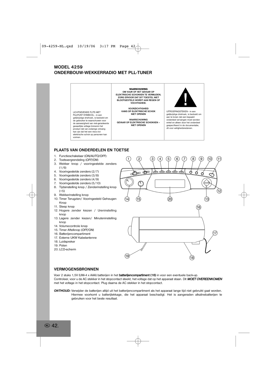 Elta manual Model 4259 ONDERBOUW-WEKKERRADIO MET PLL-TUNER, Plaats VAN Onderdelen EN Toetse, Vermogensbronnen 