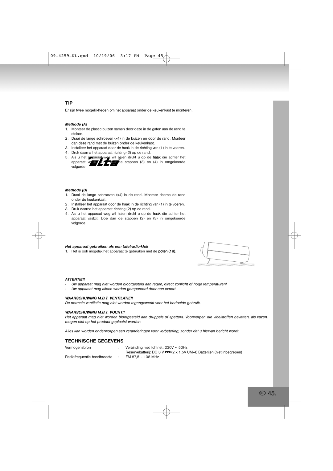 Elta 4259 Technische Gegevens, Het apparaat gebruiken als een tafelradio-klok, Attentie, Waarschuwing M.B.T. Ventilatie 