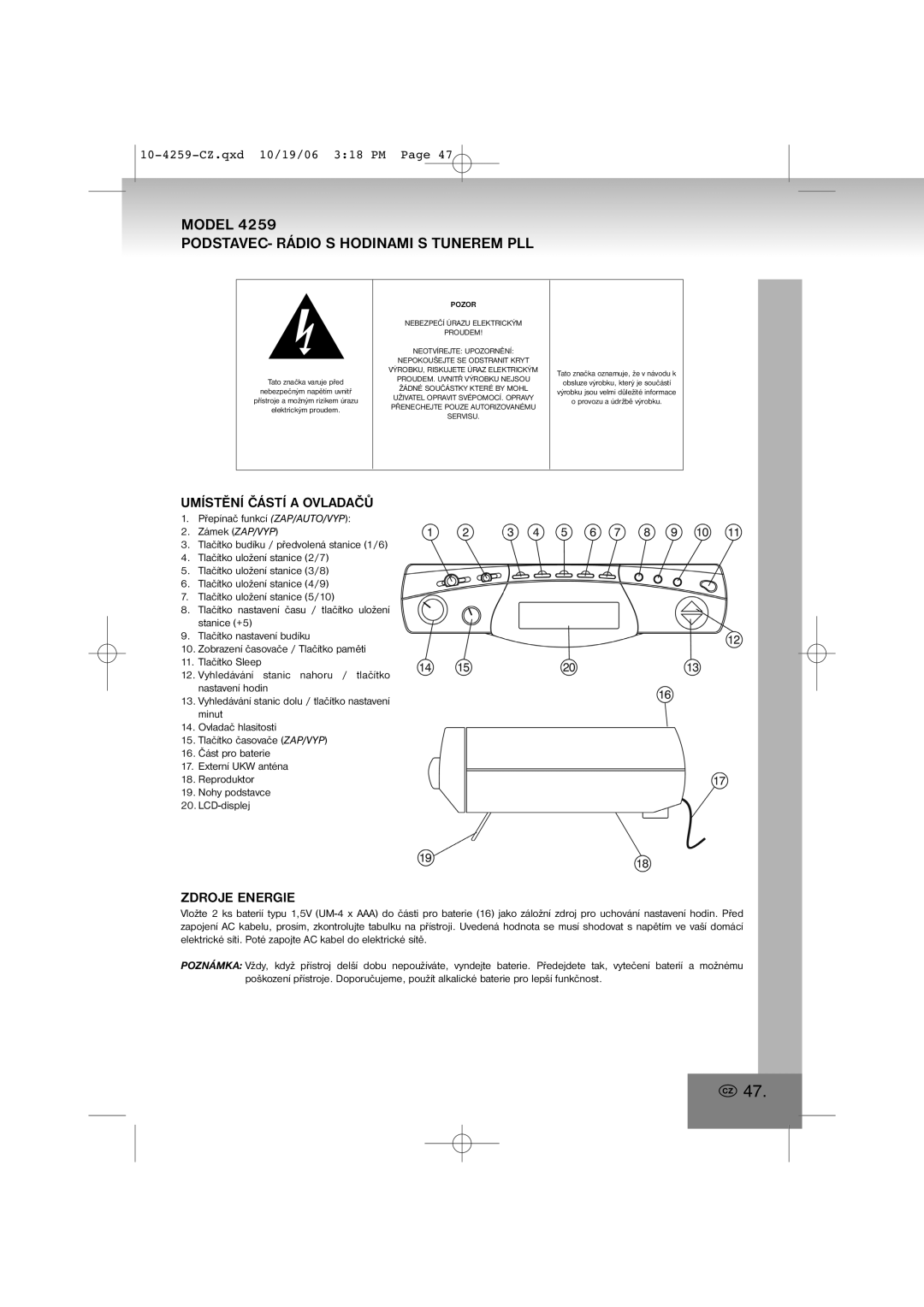 Elta 4259 manual PODSTAVEC- Rádio S Hodinami S Tunerem PLL, Umístění Částí a Ovladačů, Zdroje Energie 