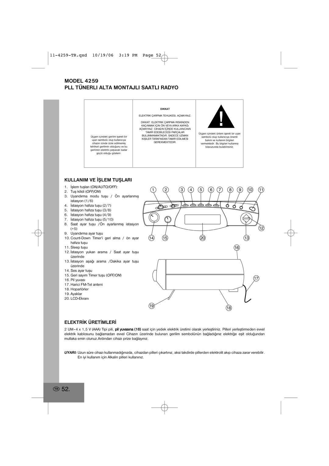 Elta 4259 manual PLL Tünerli Alta Montajli Saatli Radyo, Kullanim VE Ýþlem Tuþlari, Elektrýk Üretýmlerý 