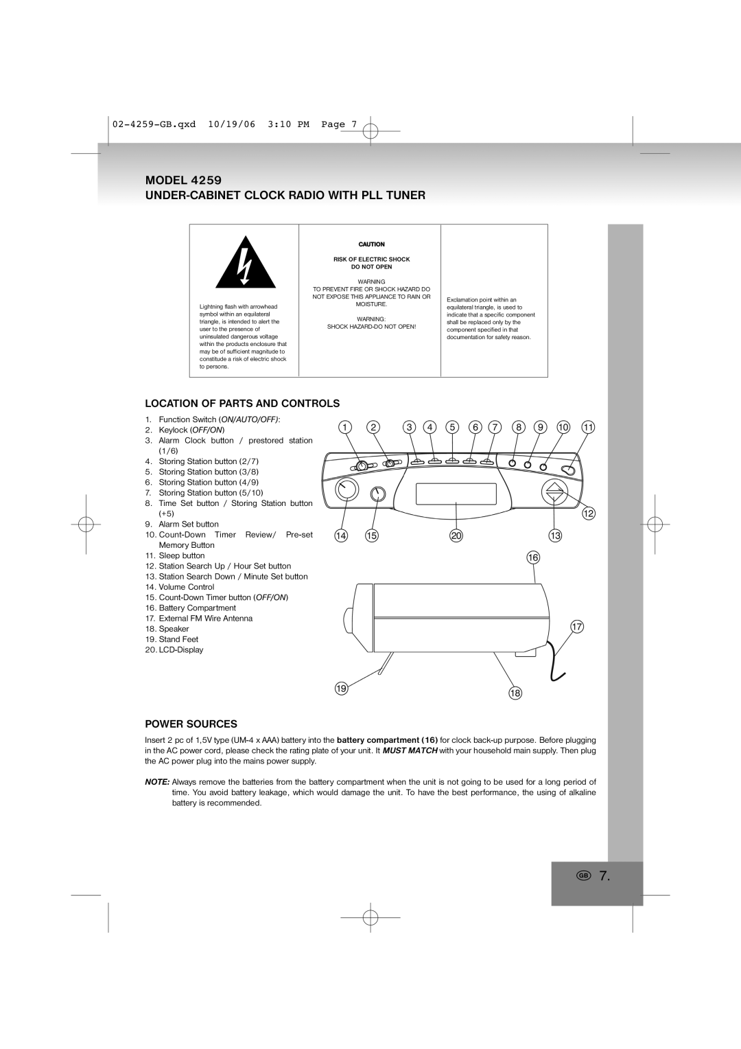 Elta 4259 manual UNDER-CABINET Clock Radio with PLL Tuner, Location of Parts and Controls, Power Sources 