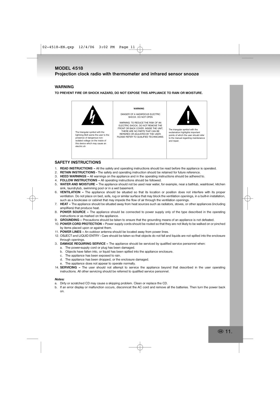 Elta 4518 manual Safety Instructions, SHOCK. do not Open 