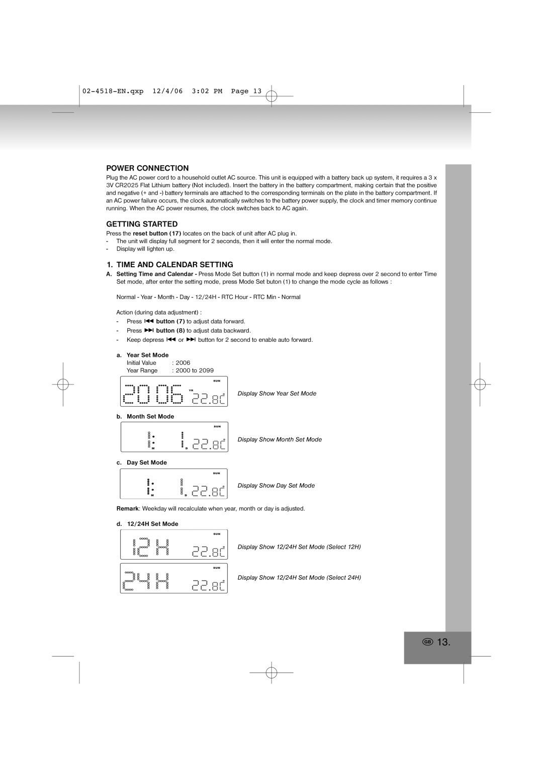 Elta 4518 manual Power Connection, Getting Started, Time and Calendar Setting 