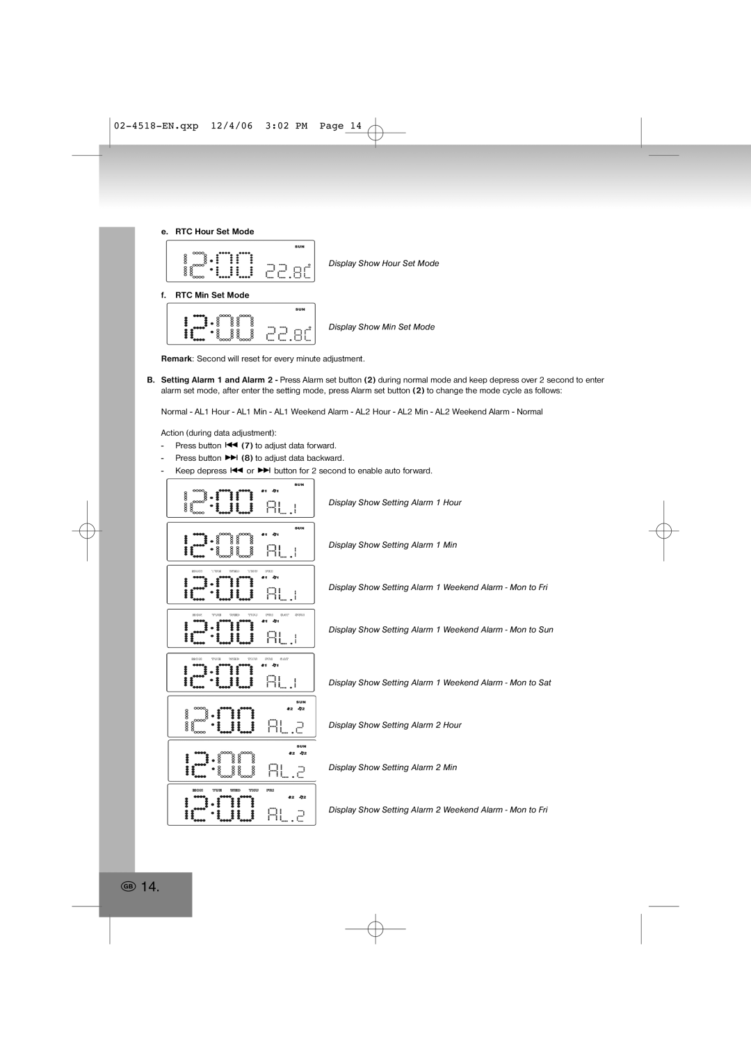 Elta 4518 manual Display Show Hour Set Mode, Display Show Min Set Mode 