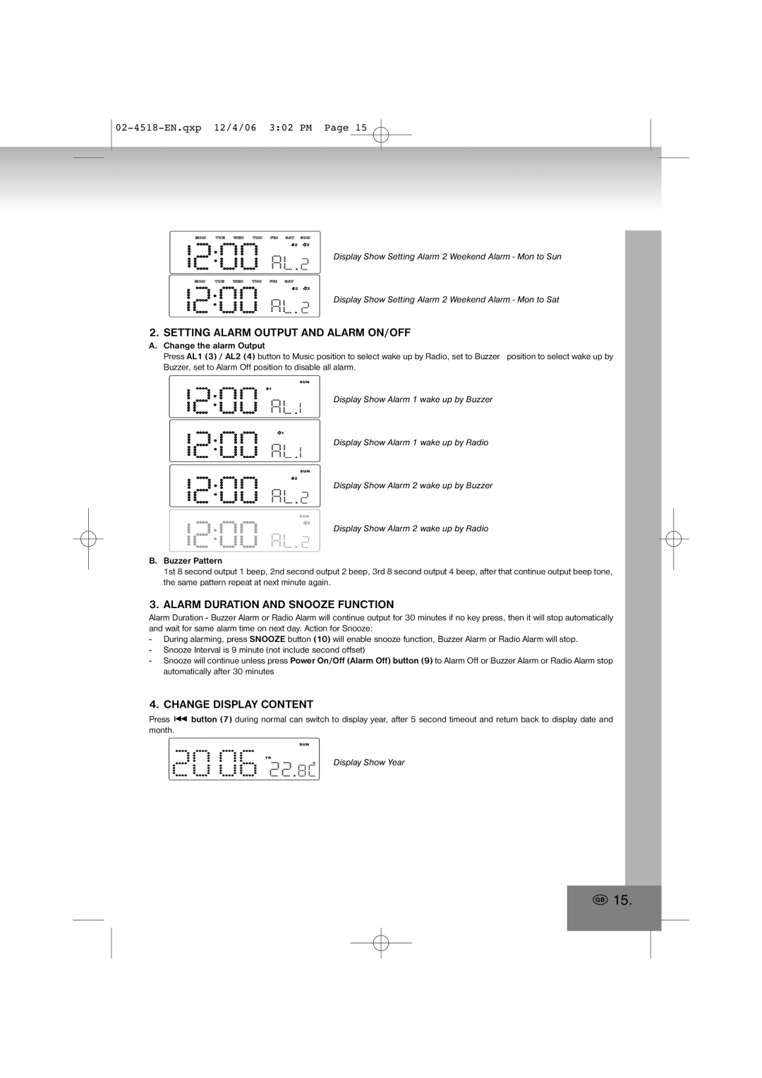 Elta 4518 manual Setting Alarm Output and Alarm ON/OFF, Alarm Duration and Snooze Function, Change Display Content 